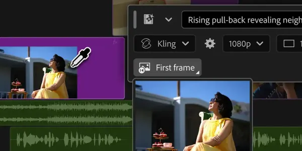 Adobe Premiere 時間軸上的 AI 生成影片工具介面