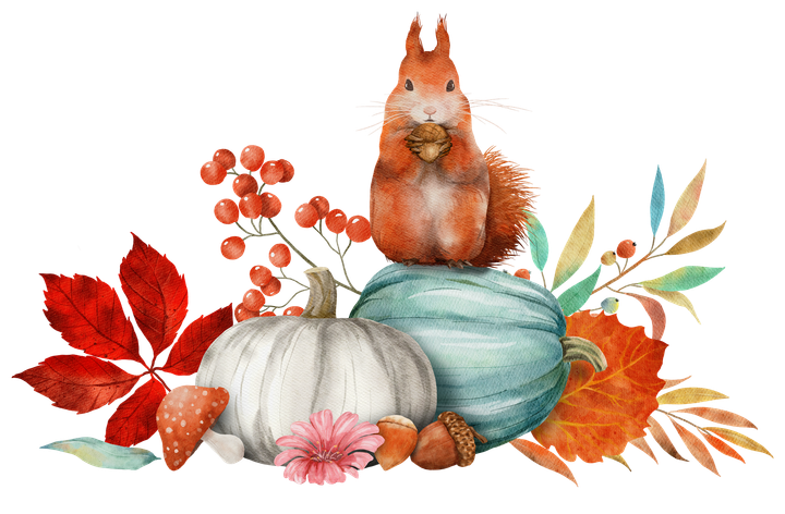 A squirrel stands on a pumpkin, holding an acorn. Autumn-colored leaves and berries are around the pumpkin on the ground.
