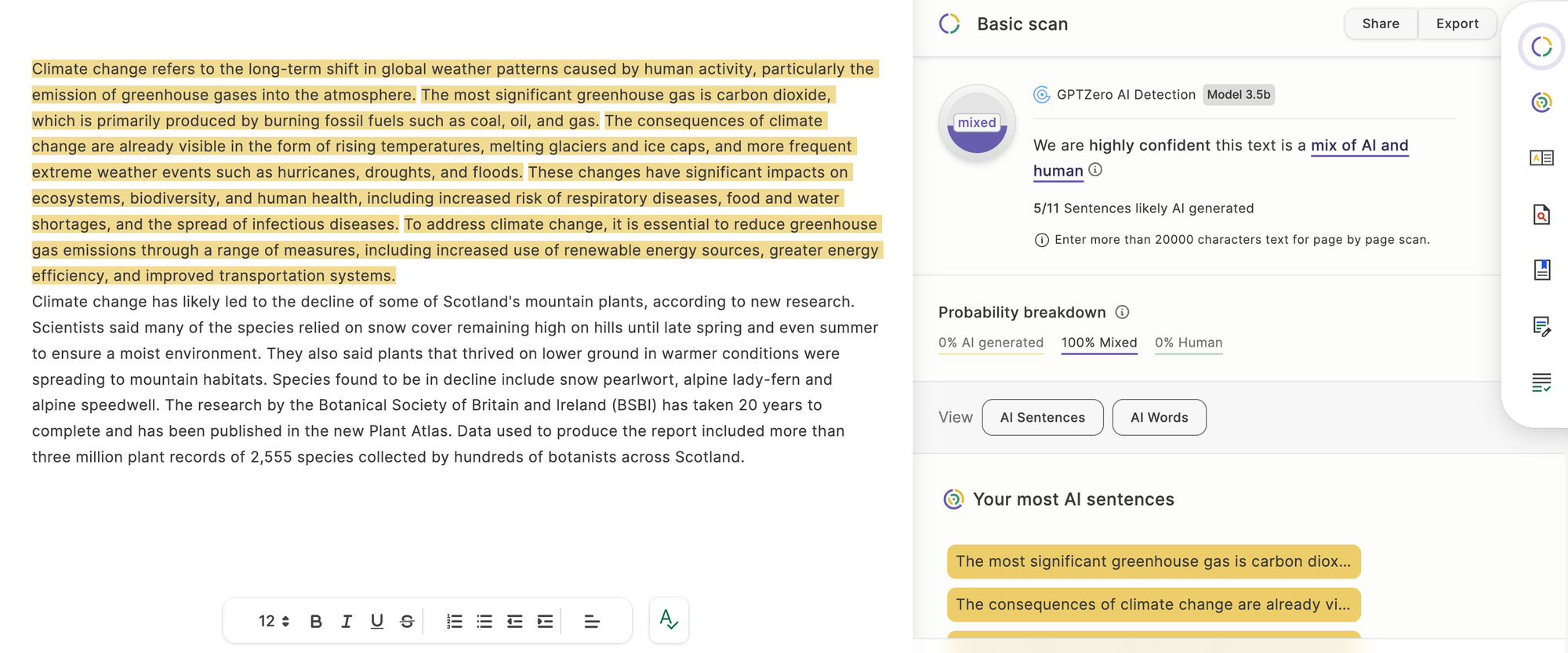 GPTZero AI scan results breakdown explaining detection confidence levels