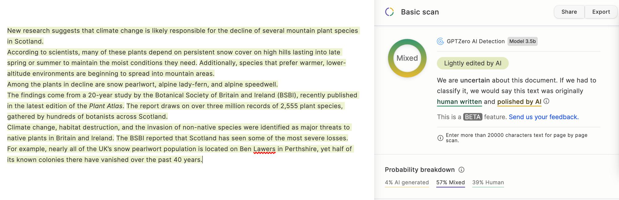 GPTZero AI scan results breakdown explaining detection confidence levels