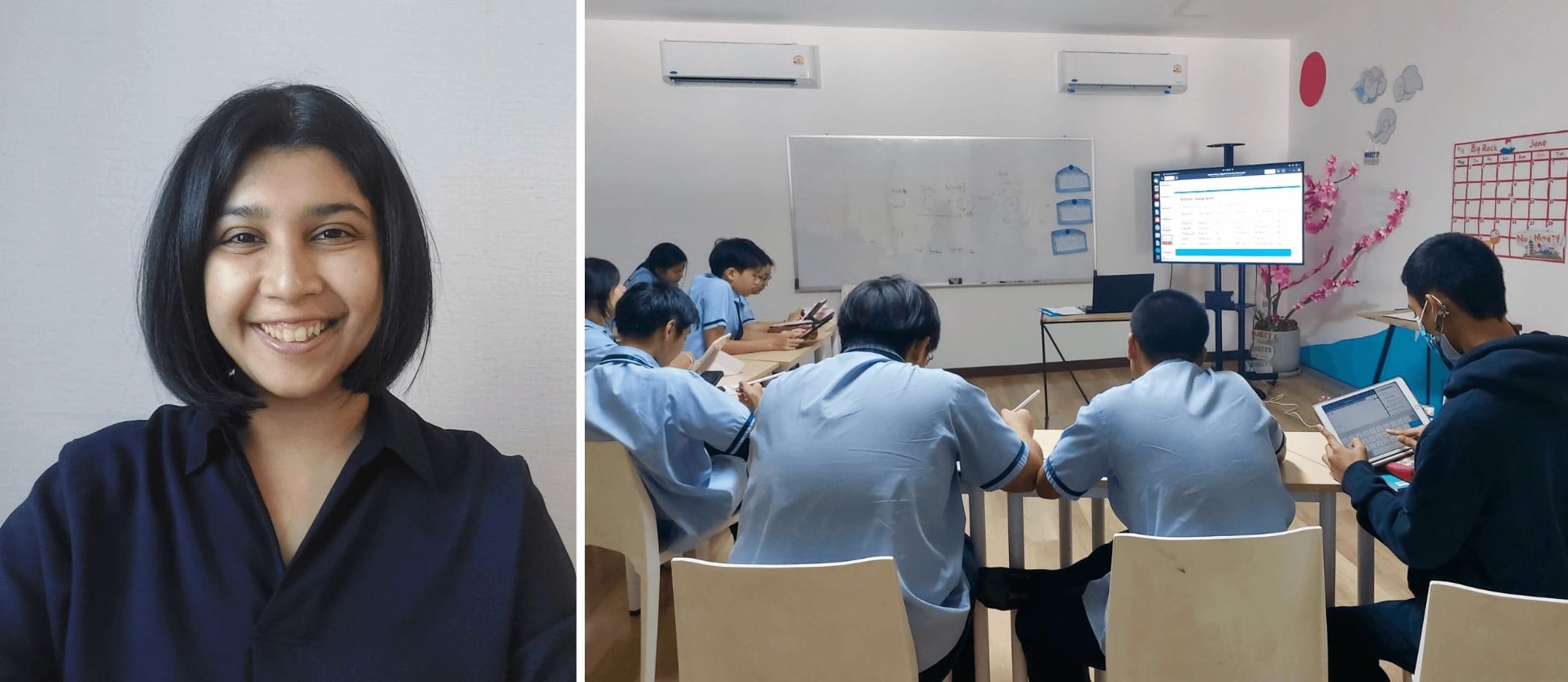 Teacher Humayra Mostafa (left) and a view of her classroom (right)