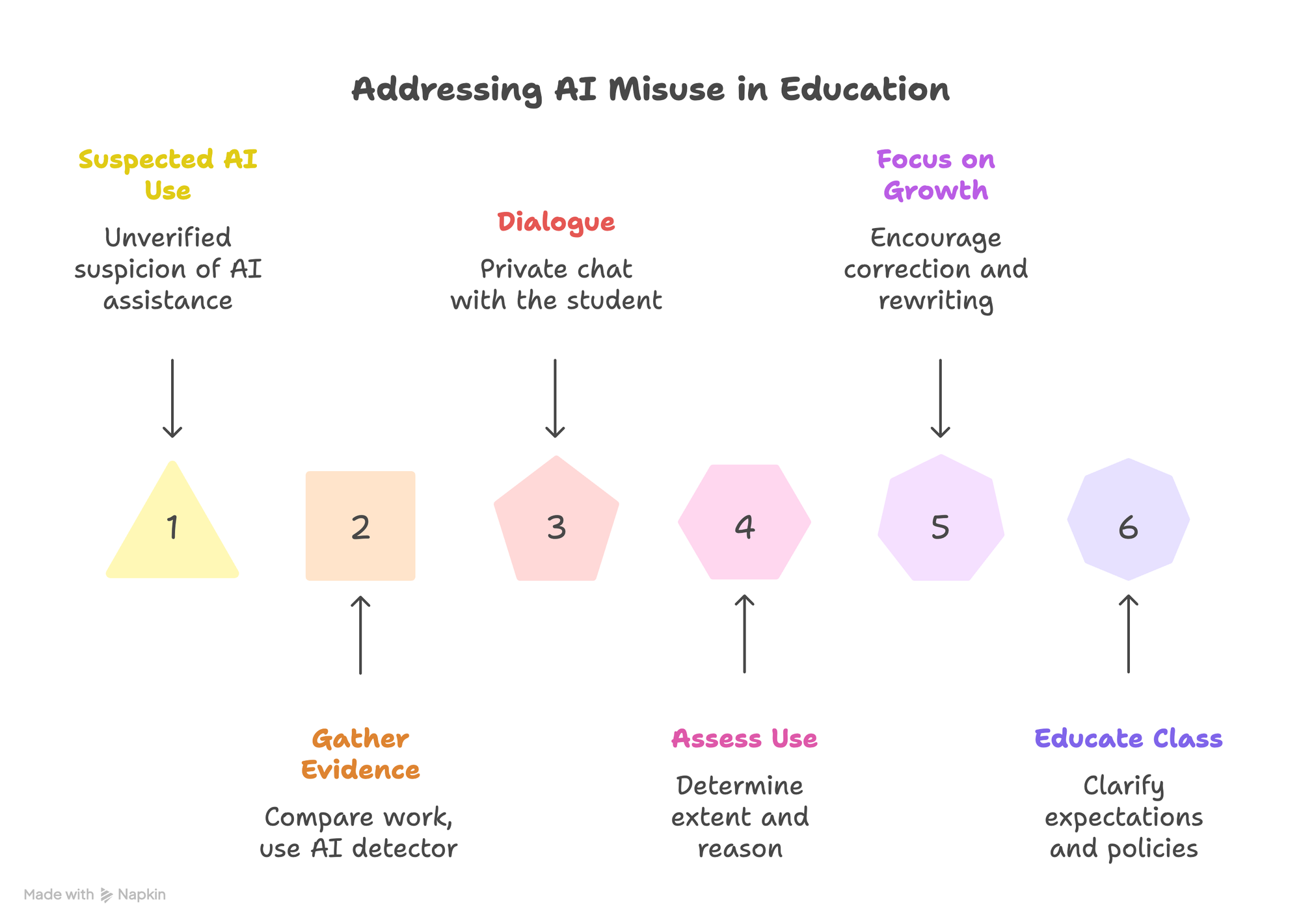 Six-step infographic for addressing AI misuse in education, from identifying suspected AI use to educating the class on AI policies