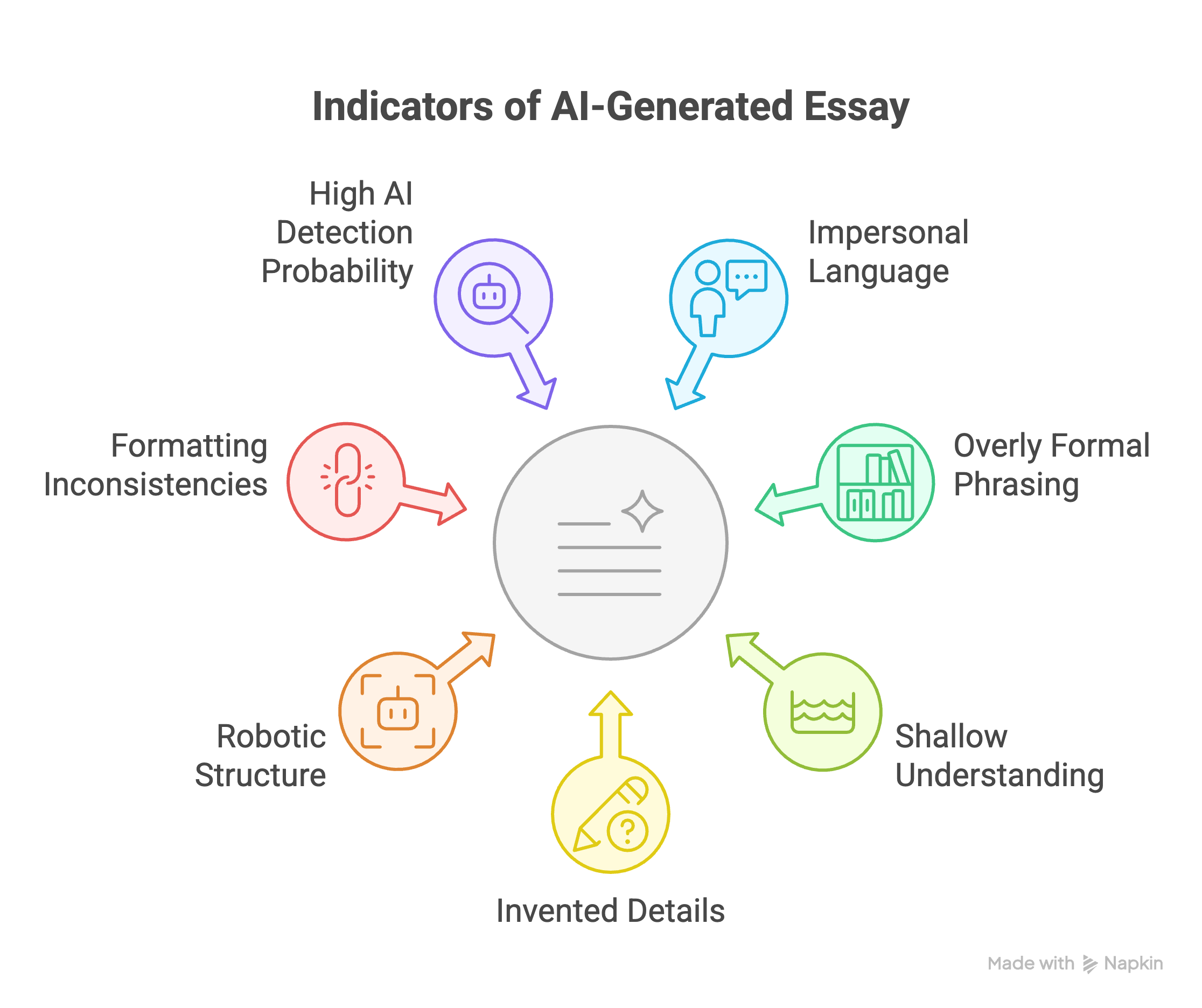 Infographic showing seven indicators of an AI-generated essay including high detection probability, impersonal language, robotic structure, and invented details