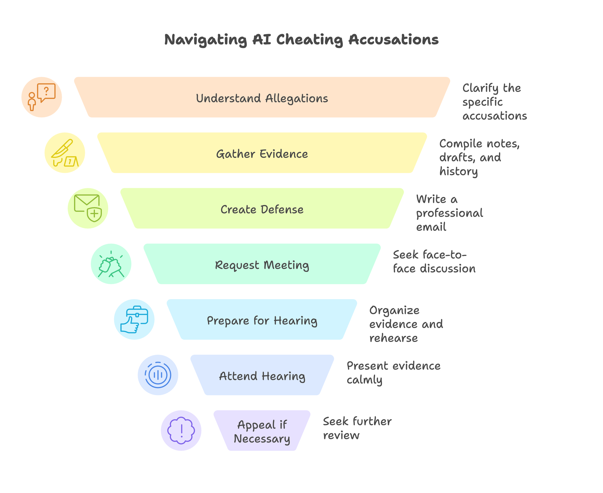 Seven-step flowchart for navigating AI cheating accusations, from understanding allegations to appealing if necessary