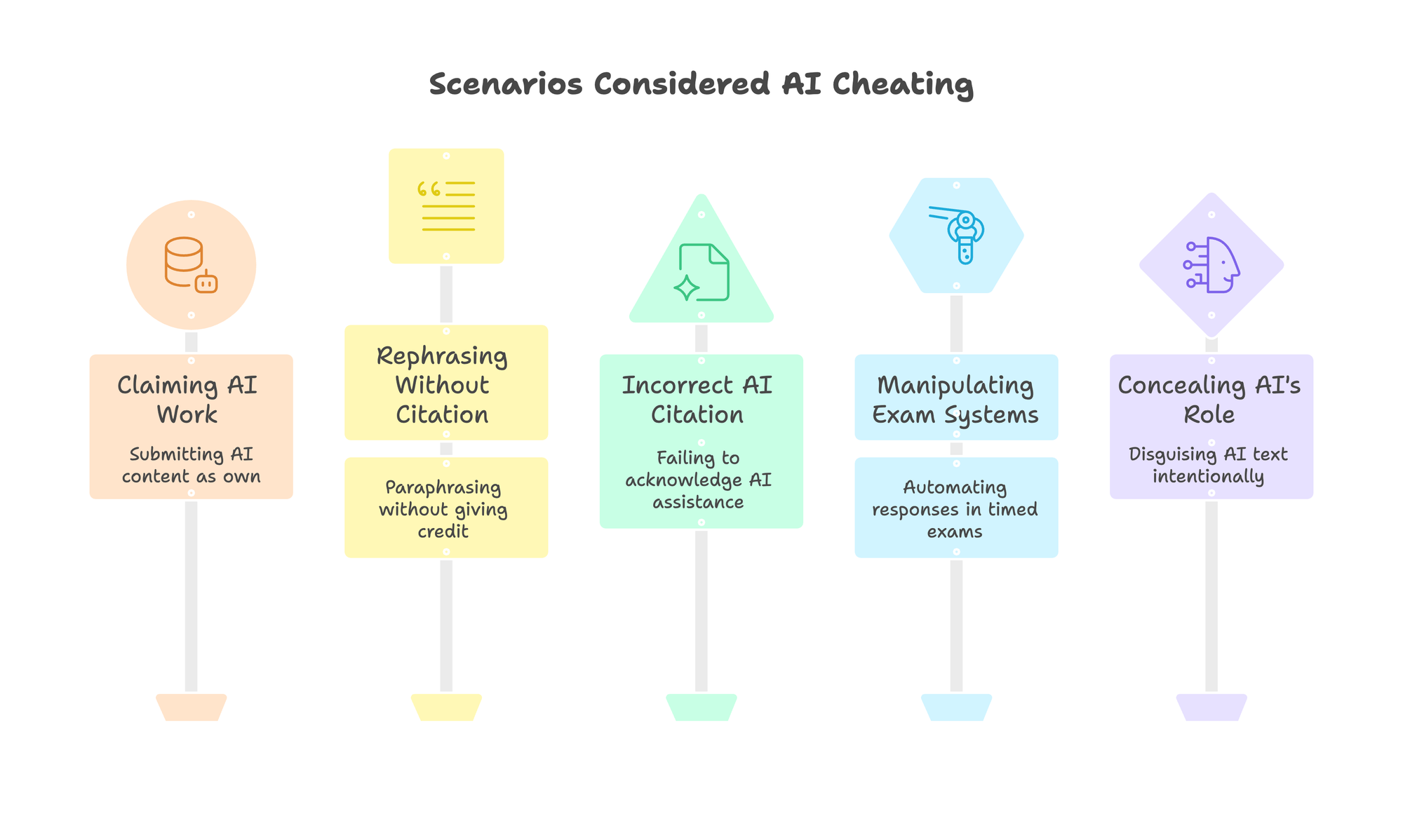 Infographic showing five scenarios considered AI cheating: claiming AI work, rephrasing without citation, incorrect AI citation, manipulating exam systems, and concealing AI's role