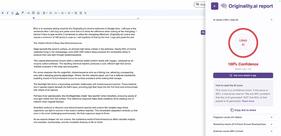Originality AI Chrome extension detecting content as 100% AI-written.