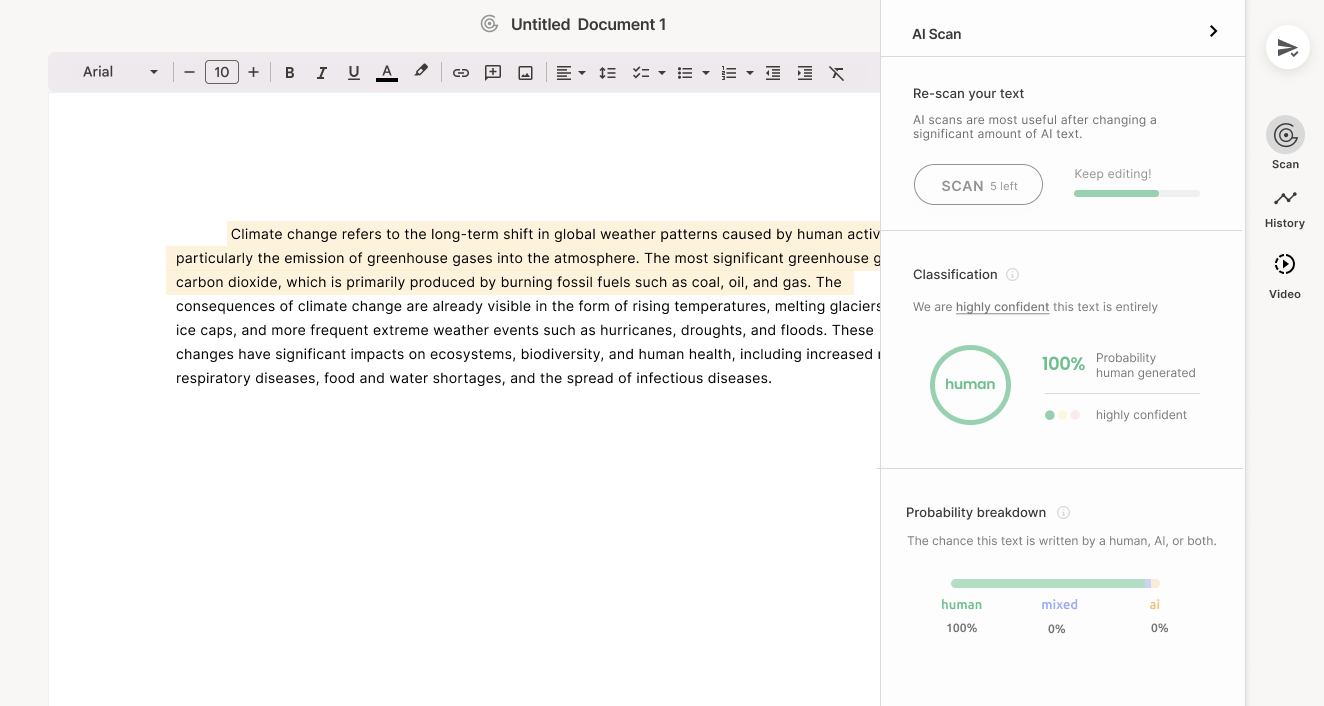 GPTZero’s AI scan feature in writing replay report