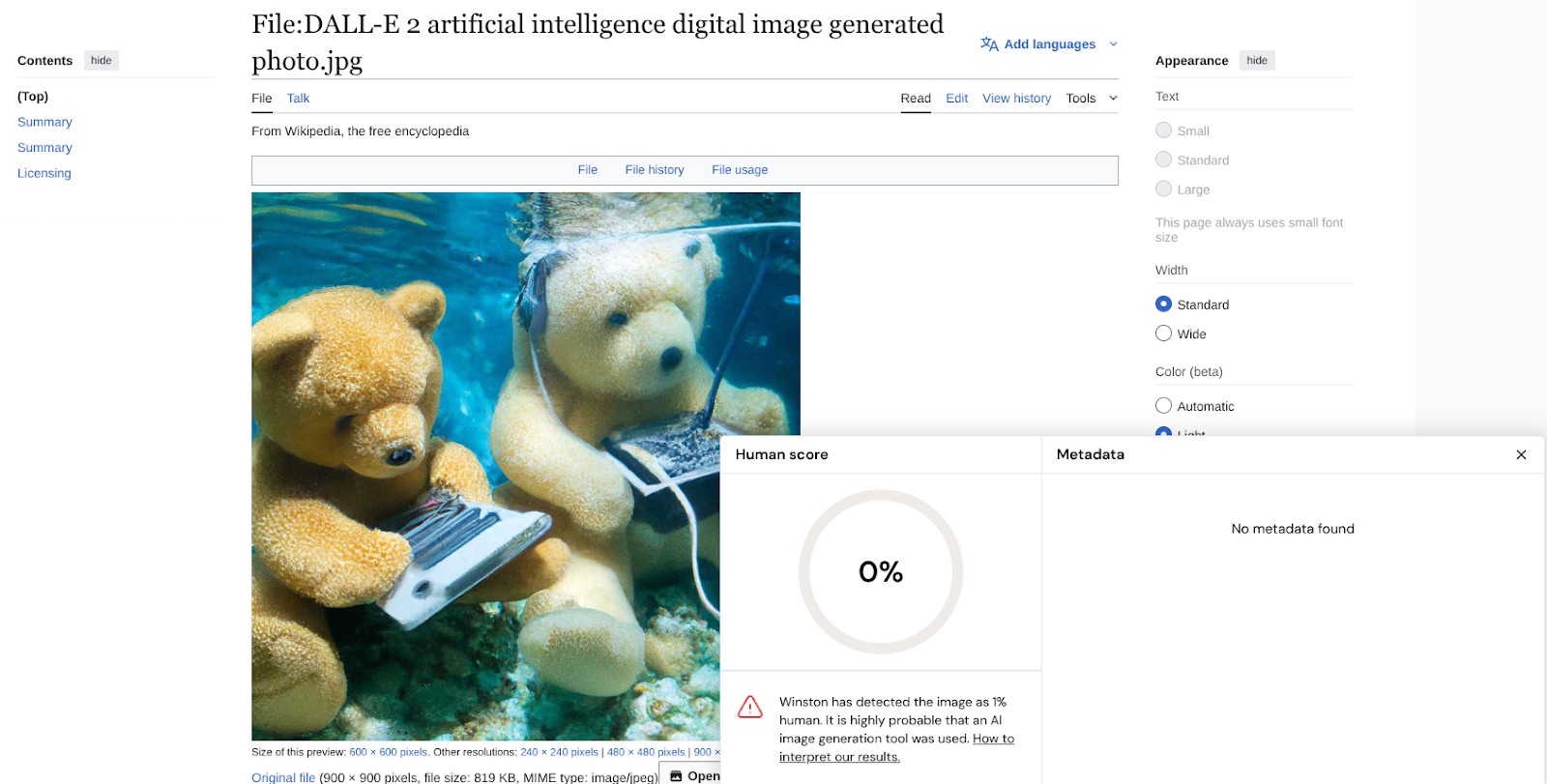 Winston AI Chrome extension detecting image content.