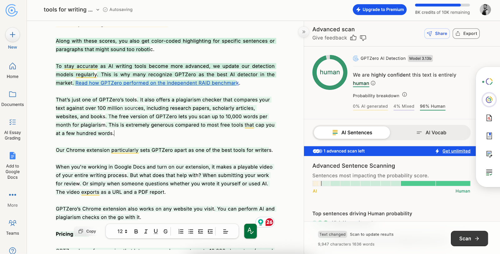 GPTZero performing AI detection.