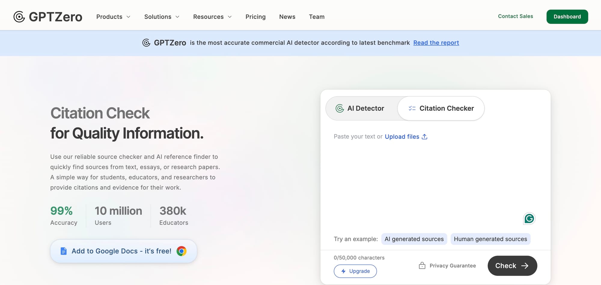 GPTZero AI detection tool used to verify citations in an academic document
