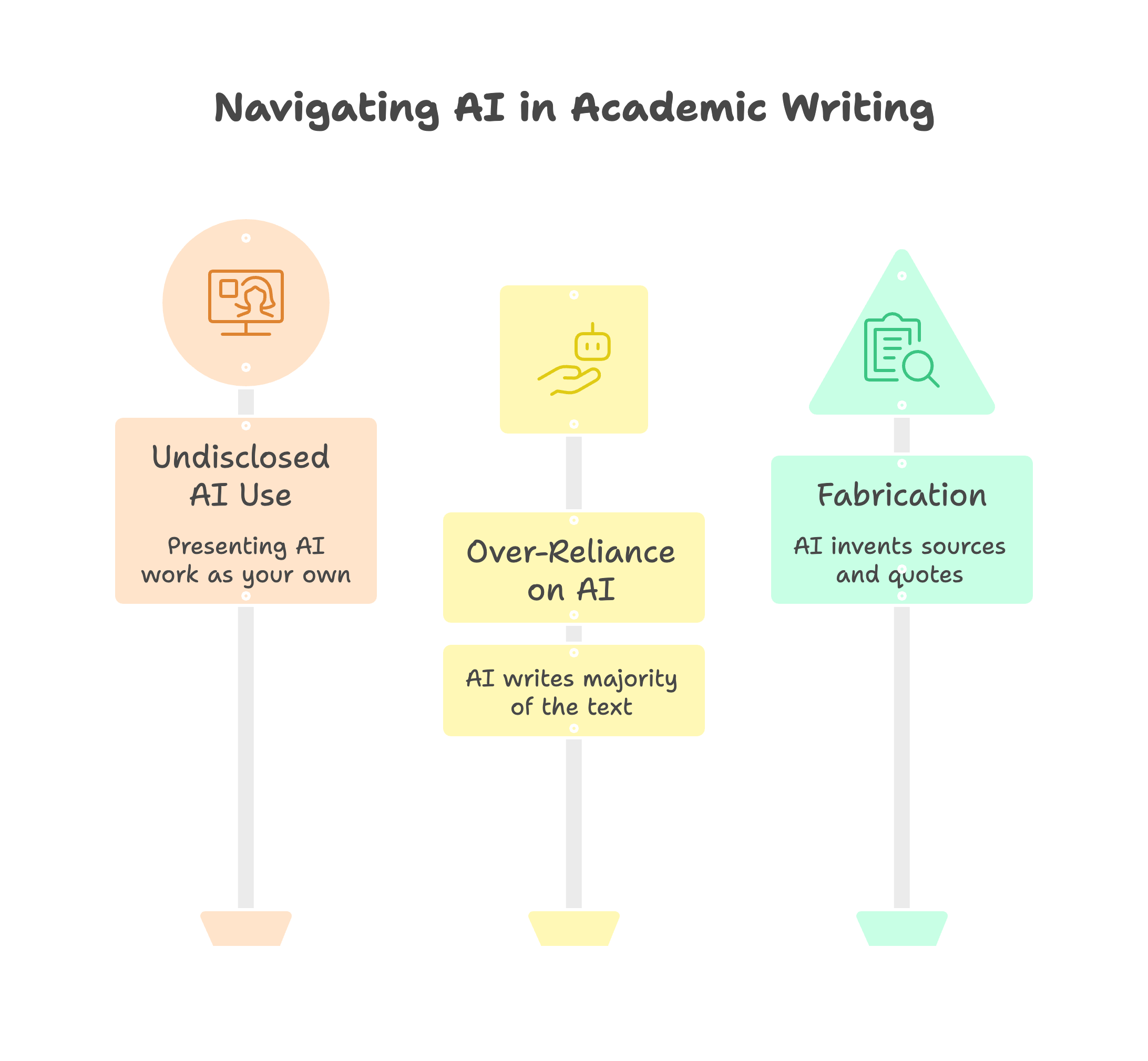 Infographic titled 'Navigating AI in Academic Writing' illustrating three forms of AI misuse: undisclosed AI use (presenting AI work as your own), over-reliance on AI, and fabrication (AI inventing sources and quotes)