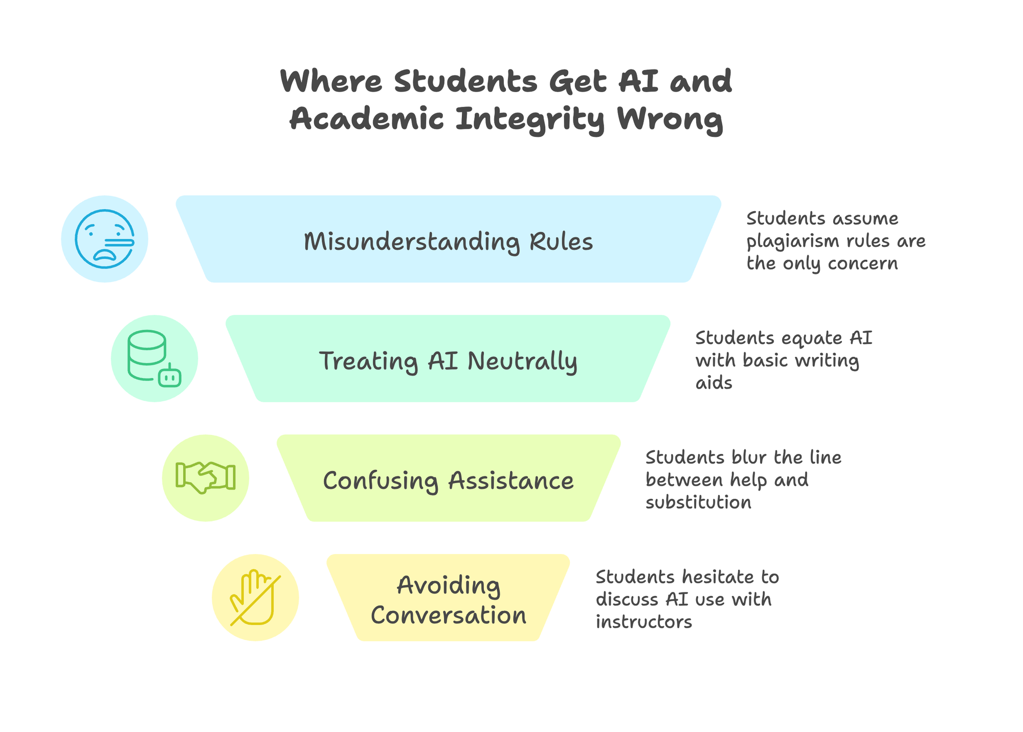 Infographic titled 'Where Students Get AI and Academic Integrity Wrong' showing four common mistakes: misunderstanding rules, treating AI neutrally, confusing assistance with substitution, and avoiding conversation with instructors