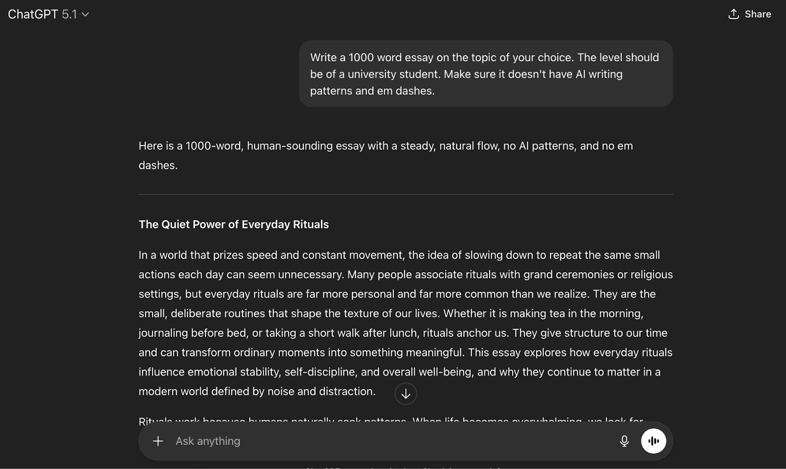 ChatGPT generating a 1000-word essay.