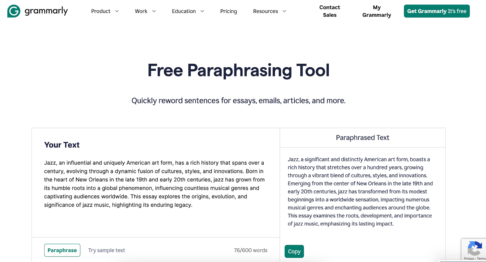 Example of Grammarly AI detector paraphrasing AI-generated text
