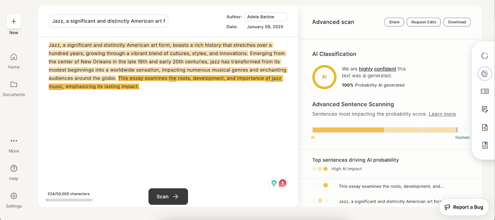Example of GPTZero flagging AI-generated text in a document