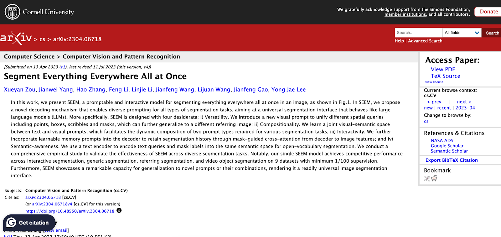Screenshot of arXiv preprint page for 'Segment Everything Everywhere All at Once' (cs.CV), shown as an example of a verifiable real citation