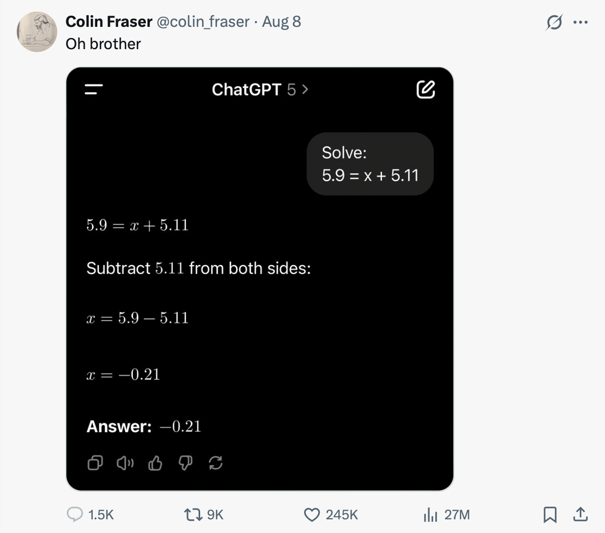 Screenshot of a viral tweet by @colin_fraser showing ChatGPT 5 incorrectly solving 5.9 = x + 5.11, arriving at the wrong answer -0.21, used as a real-world example of an AI hallucination