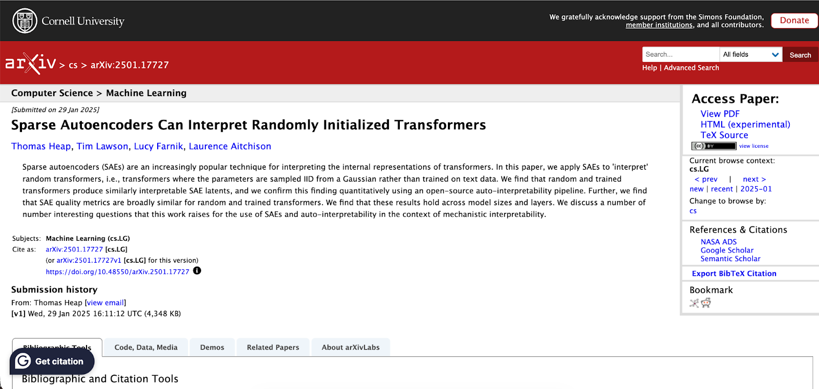 Screenshot of arXiv preprint page for 'Sparse Autoencoders Can Interpret Randomly Initialized Transformers' (cs.LG), shown as an example of a verifiable real citation