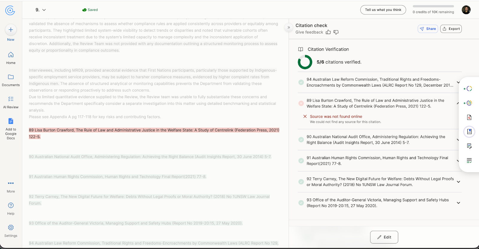 Screenshot of GPTZero's citation verification panel showing 5 out of 6 citations verified in a legal document, with one citation flagged as 'Source was not found online'