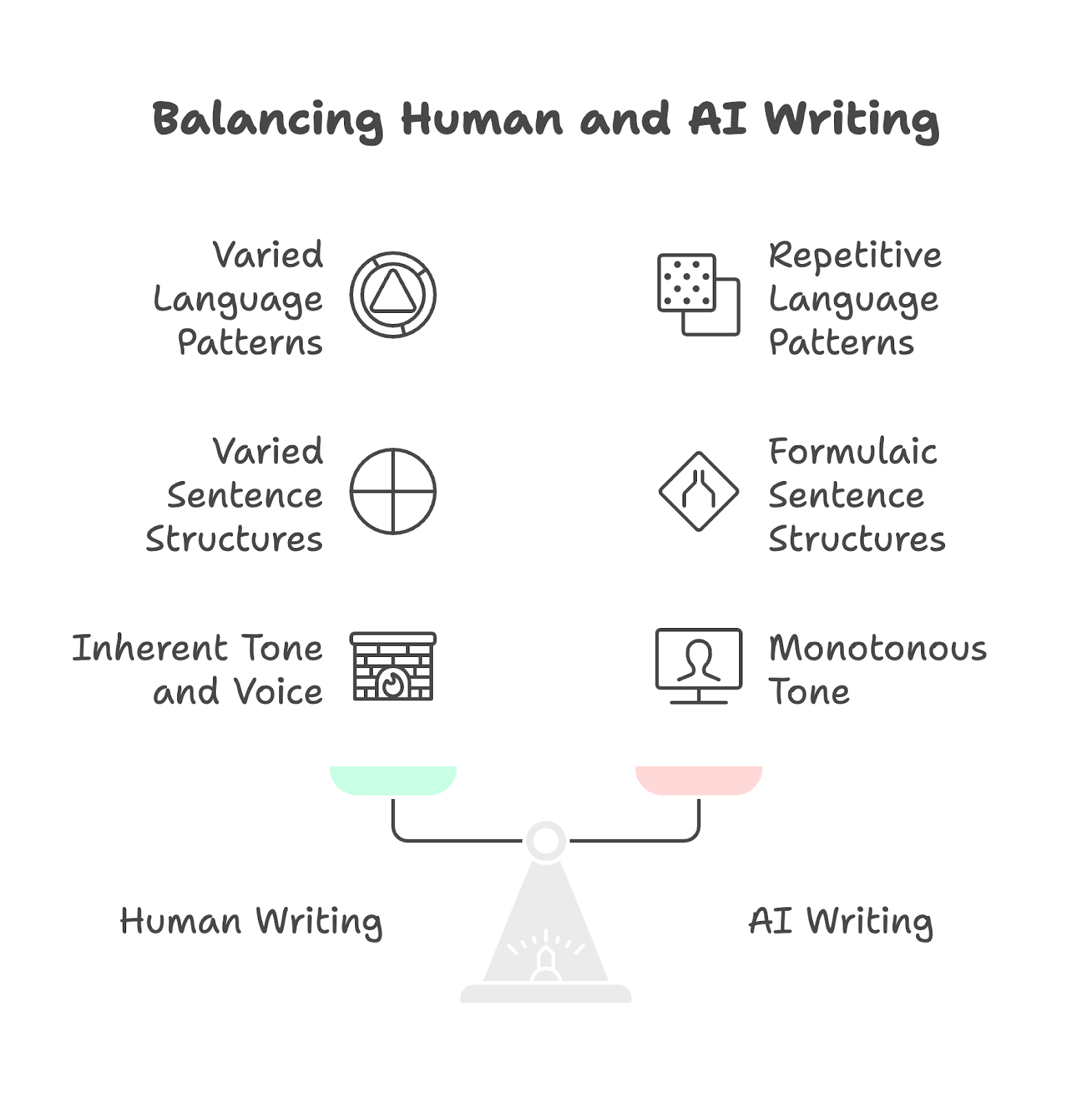 Scale diagram titled 'Balancing Human and AI Writing' contrasting human writing (varied language patterns, varied sentence structures, inherent tone) against AI writing (repetitive patterns, formulaic structures, monotonous tone)