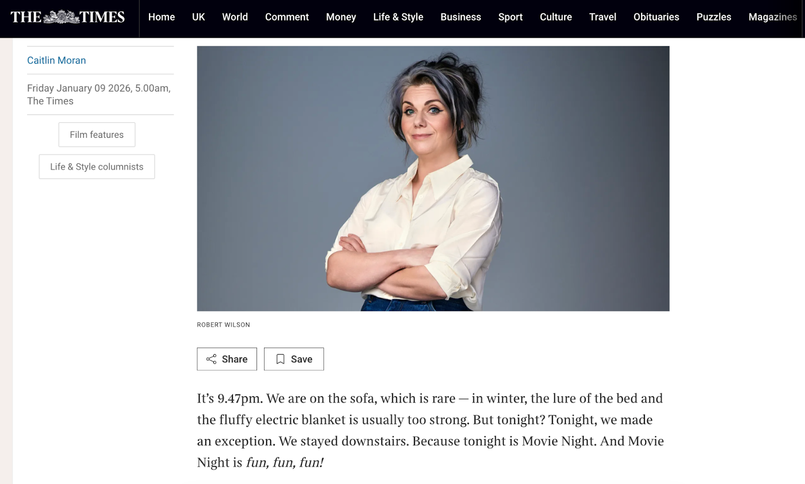 Screenshot of a Caitlin Moran column in The Times (January 2026), shown as an example of a distinctive human writing voice