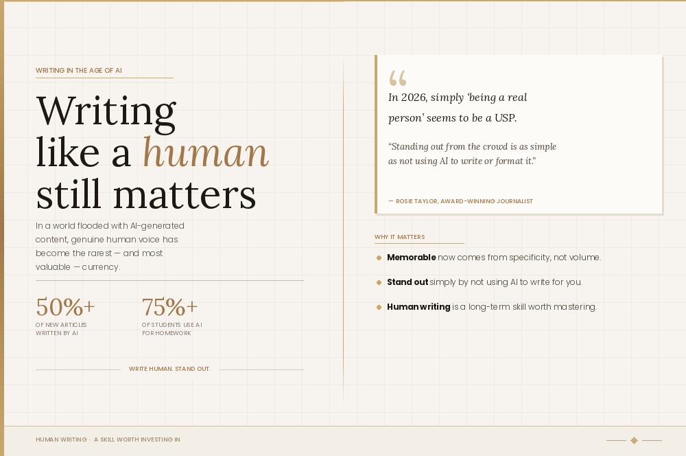 Infographic titled 'Writing like a human still matters' noting that 50%+ of new articles are written by AI and 75%+ of students use AI for homework, with a quote from journalist Rosie Taylor