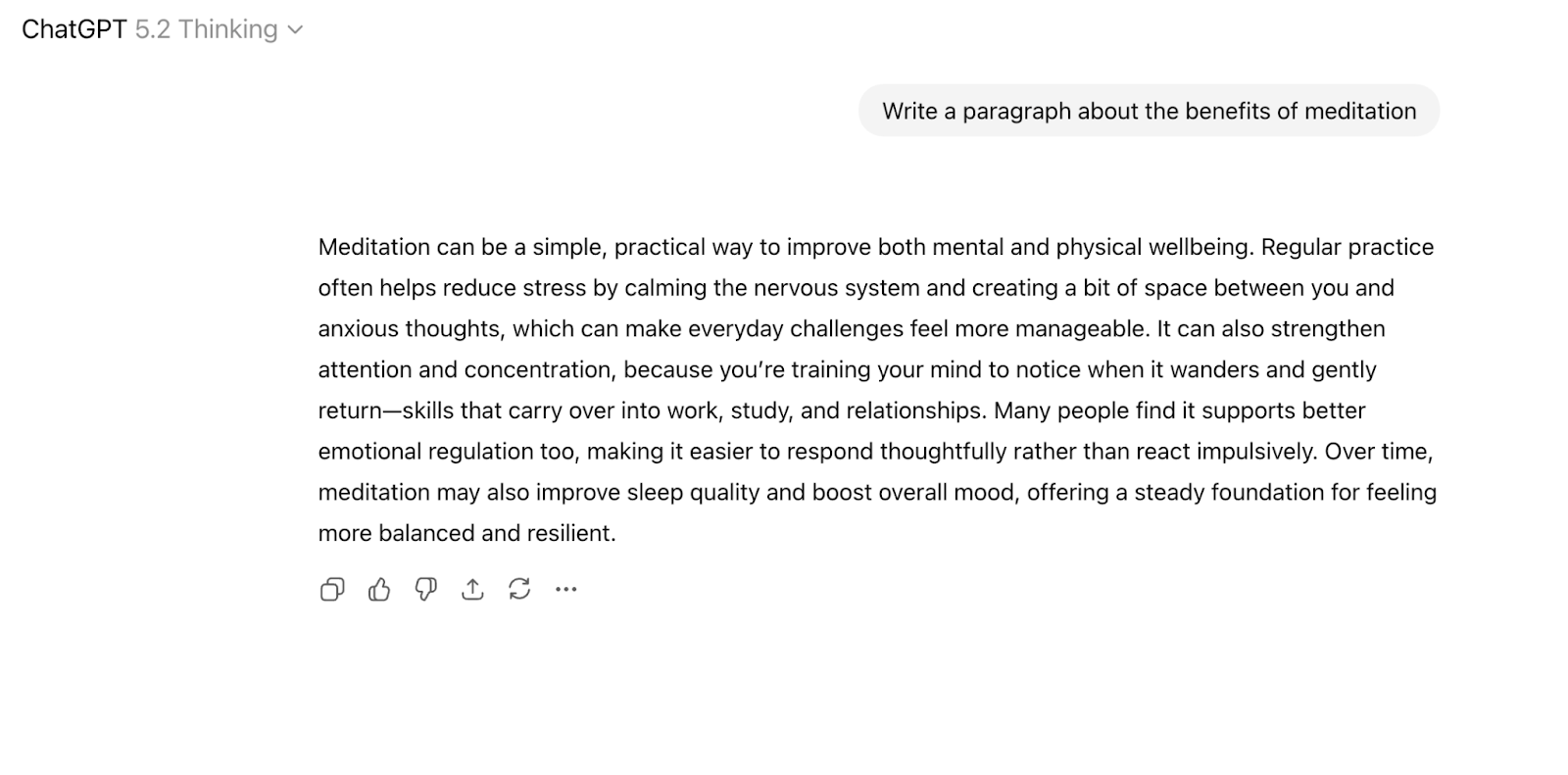 Screenshot of ChatGPT 5.2 responding to 'Write a paragraph about the benefits of meditation' with a polished AI-generated response, used as an example of AI writing style