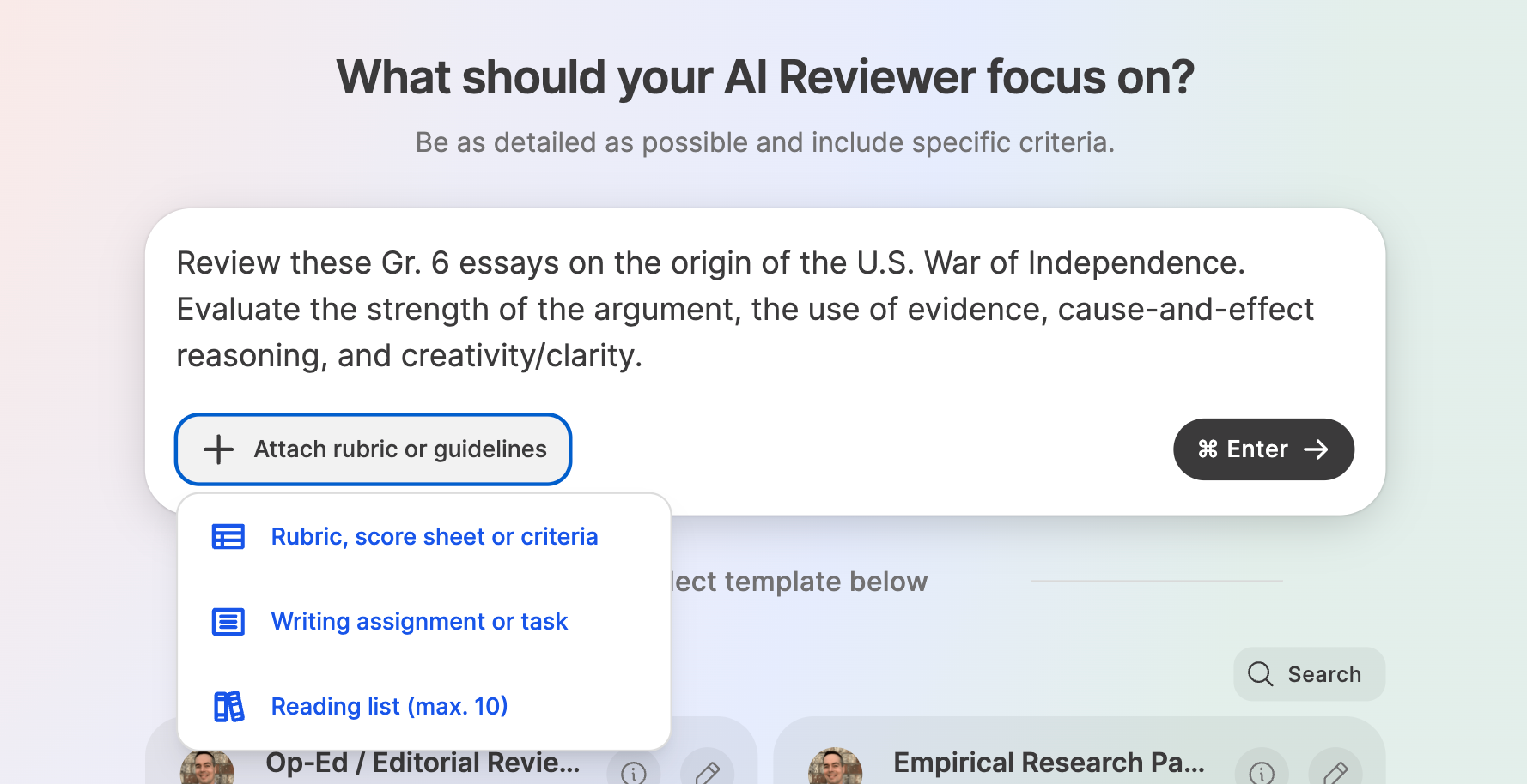Screenshot of GPTZero's AI Reviewer setup screen asking 'What should your AI Reviewer focus on?' with options to attach a rubric, writing assignment, or reading list