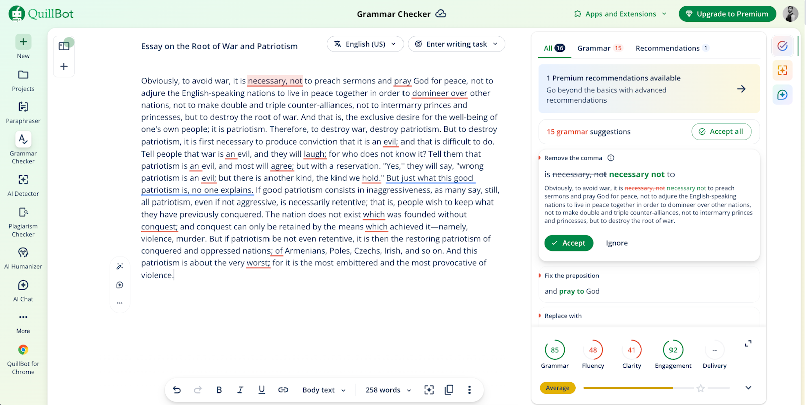 Screenshot of Quillbot grammar checker.