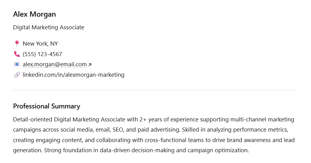 Graphic showing an example of a resume summary and details.