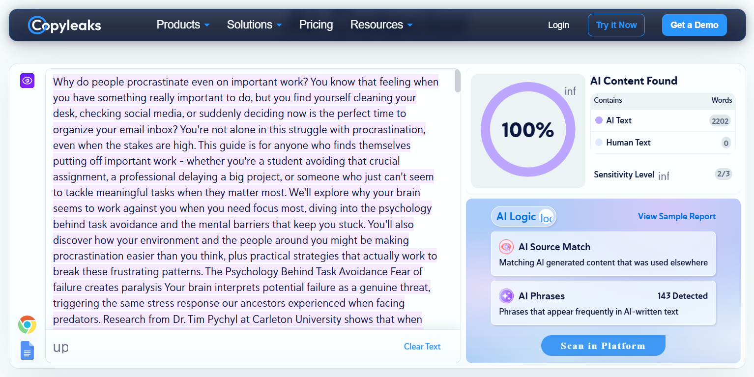 Copyleaks AI detector page screenshot.