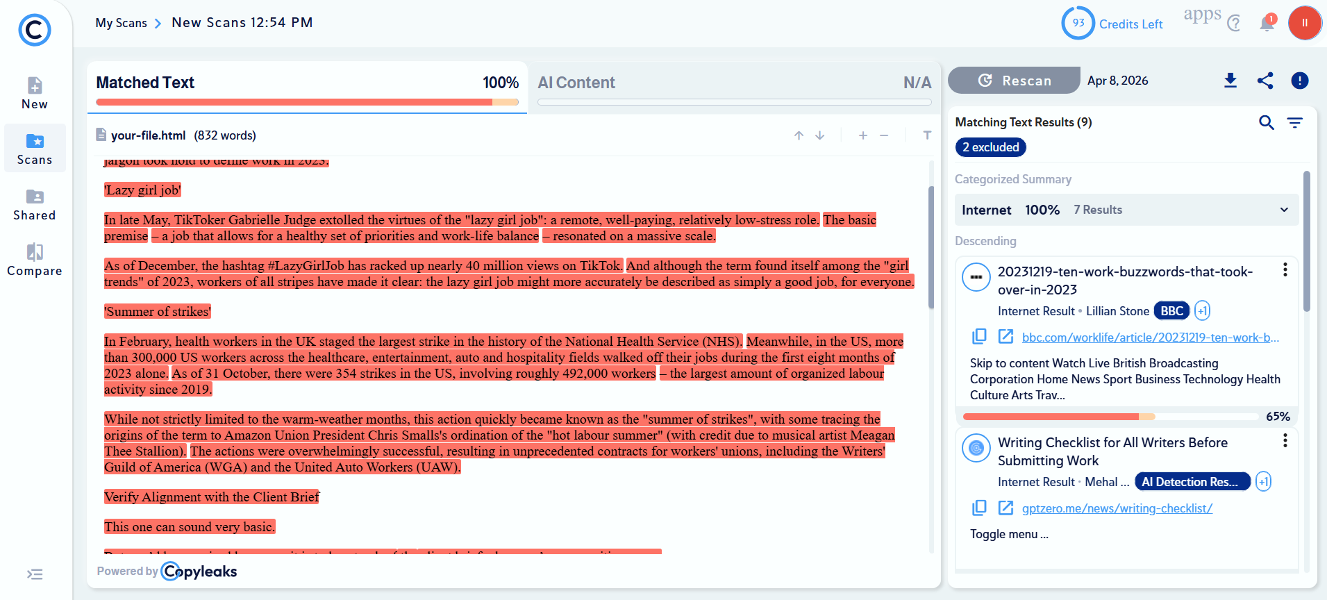 Copyleaks showing plagiarized content percentage