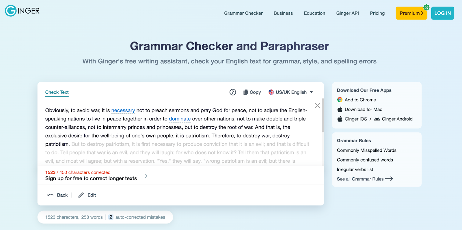 Screenshot of Ginger software grammar checker.