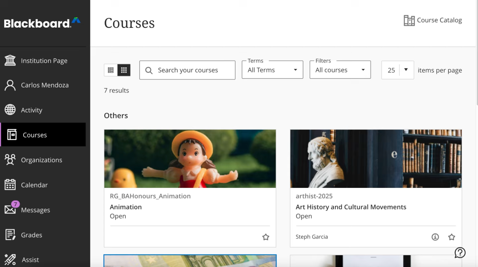 Dashboard of Blackboard LMS.