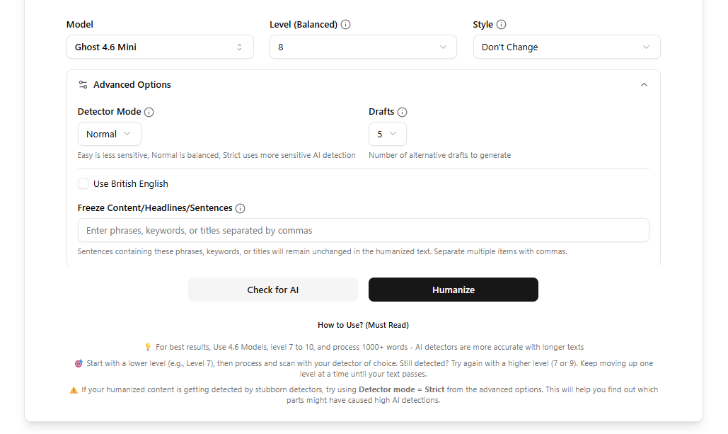 Screenshot of StealthWriter AI humanizer settings.
