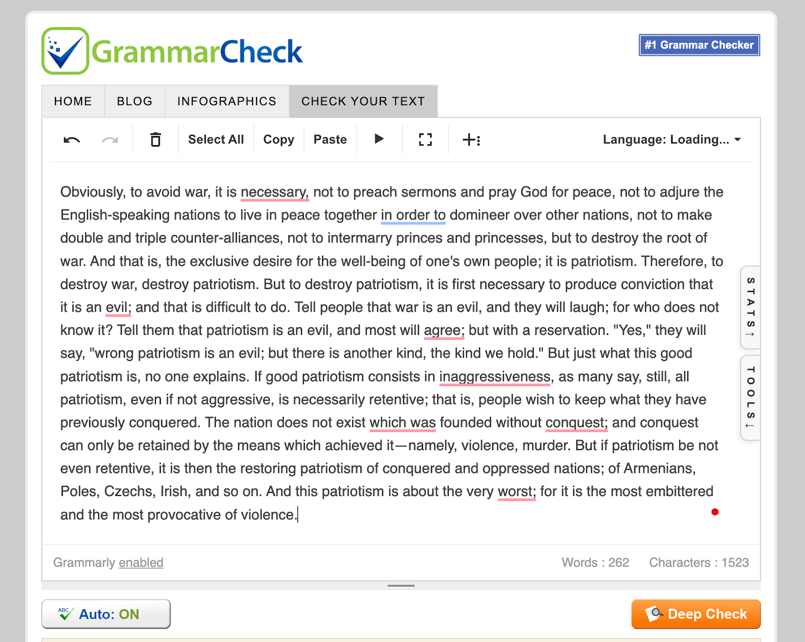 Screenshot of GrammarCheck grammar checker.