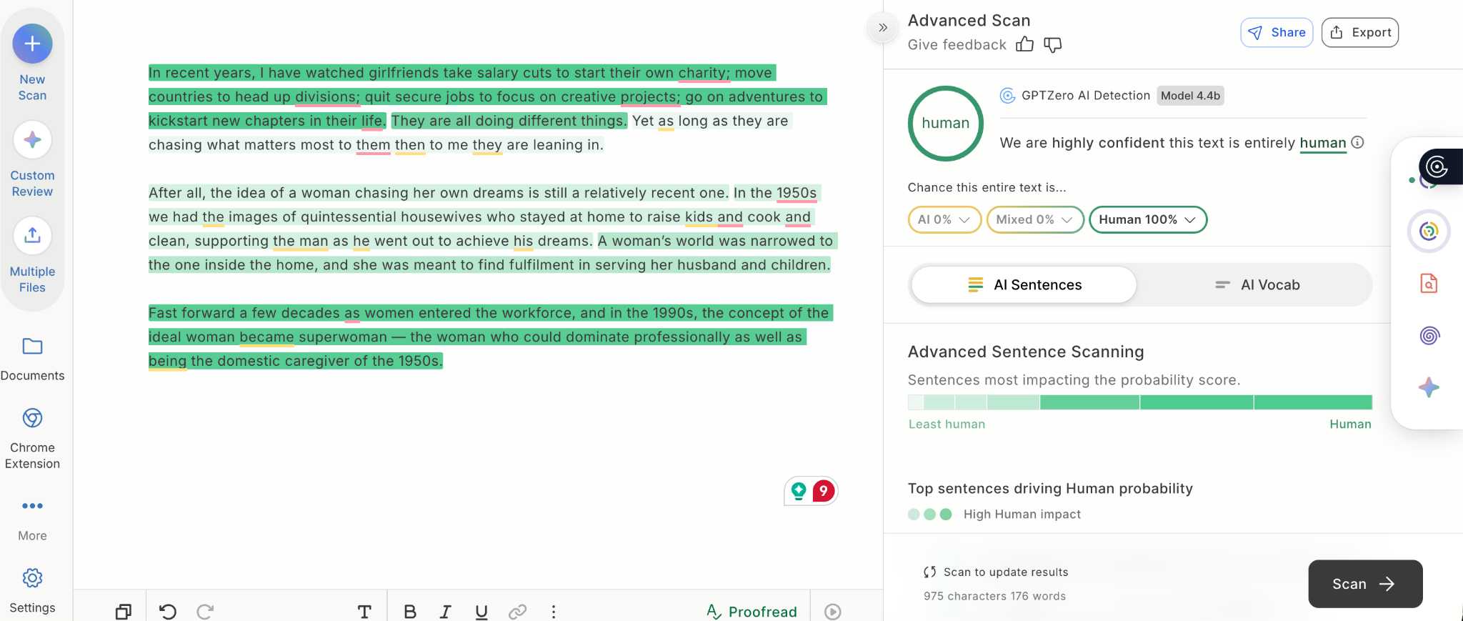 GPTZero scan result showing a document classified as 100% human with sentence-level analysis