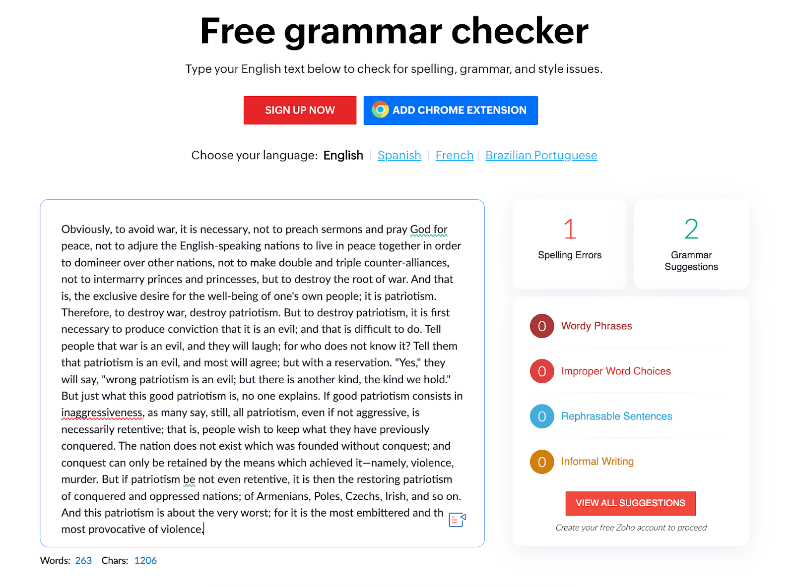 Screenshot of Zoho Writer grammar checker
