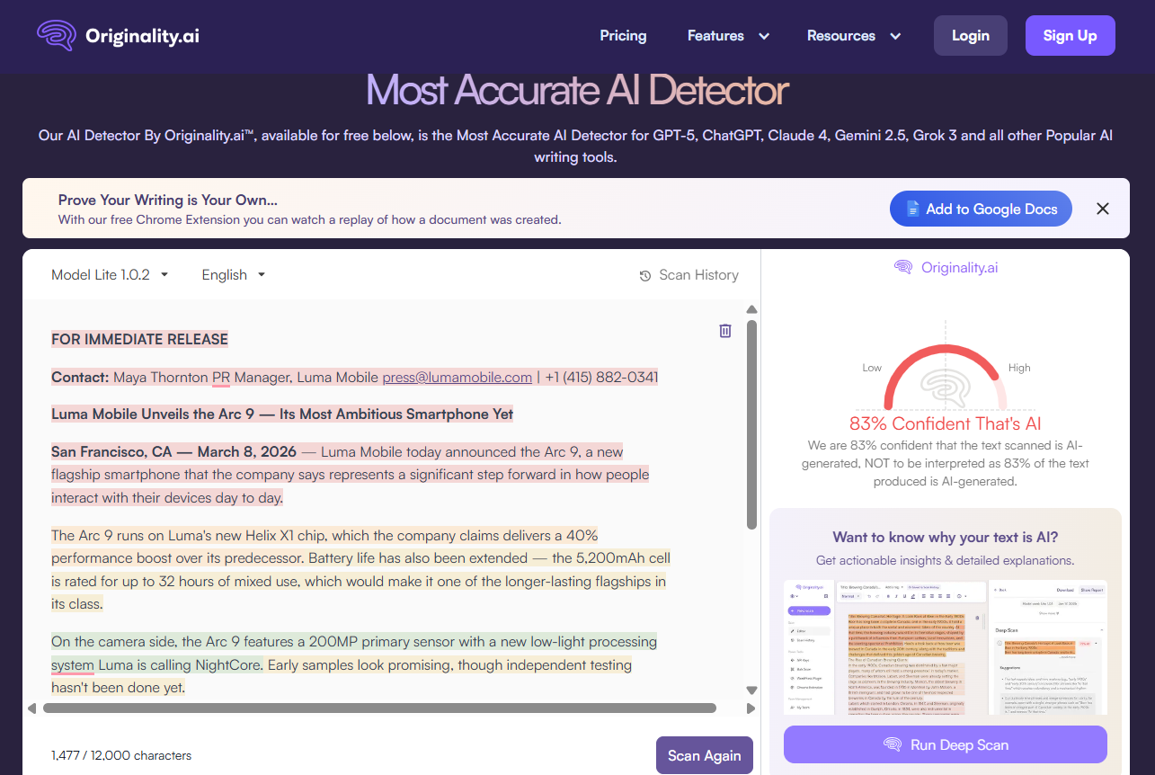 Screenshot of Originality AI detector.