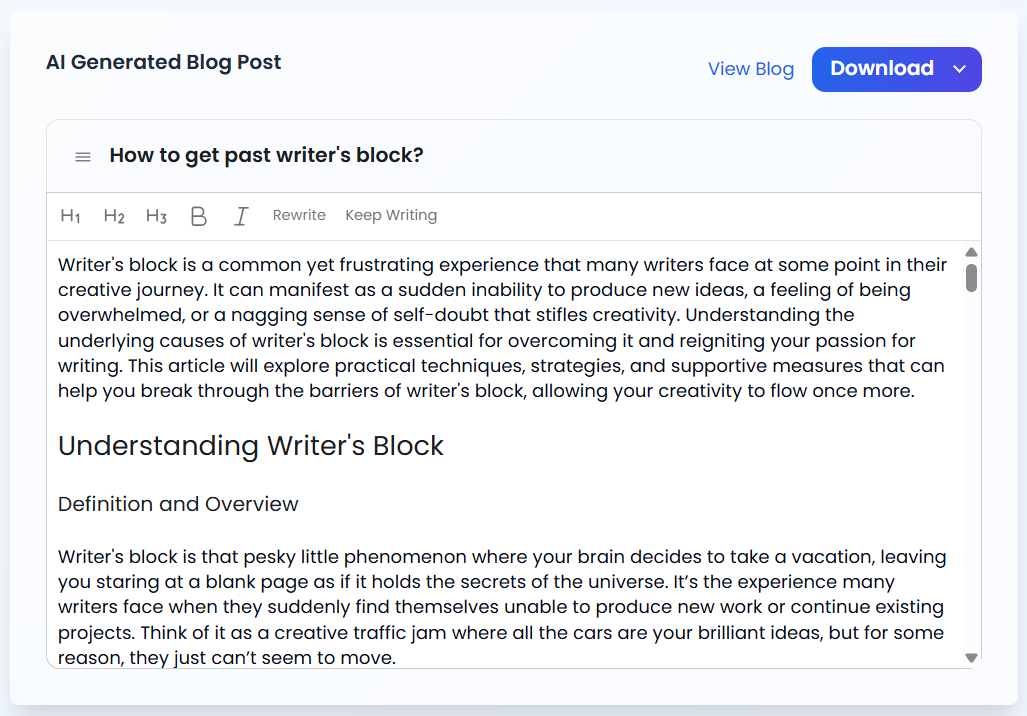 Screenshot of TinyWow article generator screen.