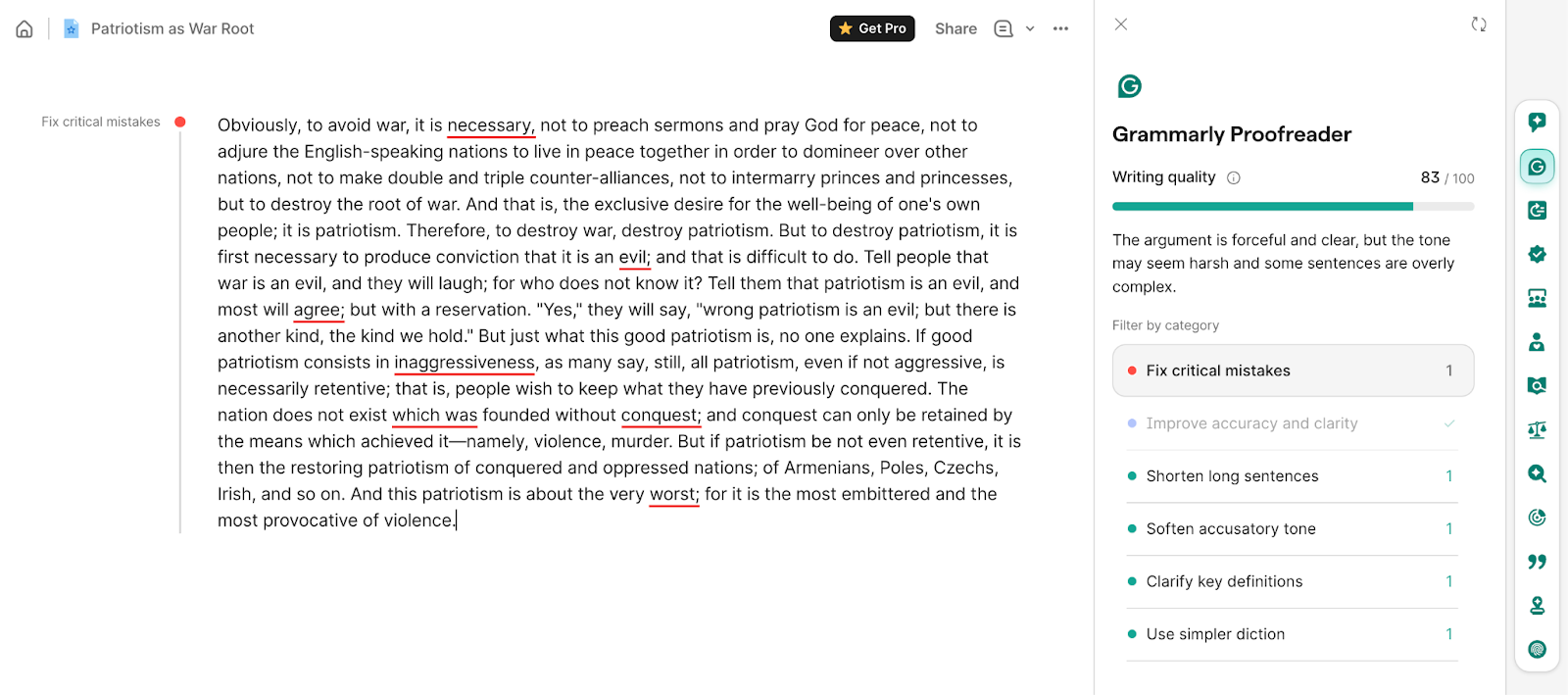 Screenshot of Grammarly grammar checker.