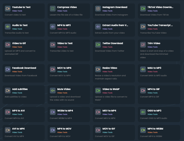 List of TinyWow video tools.