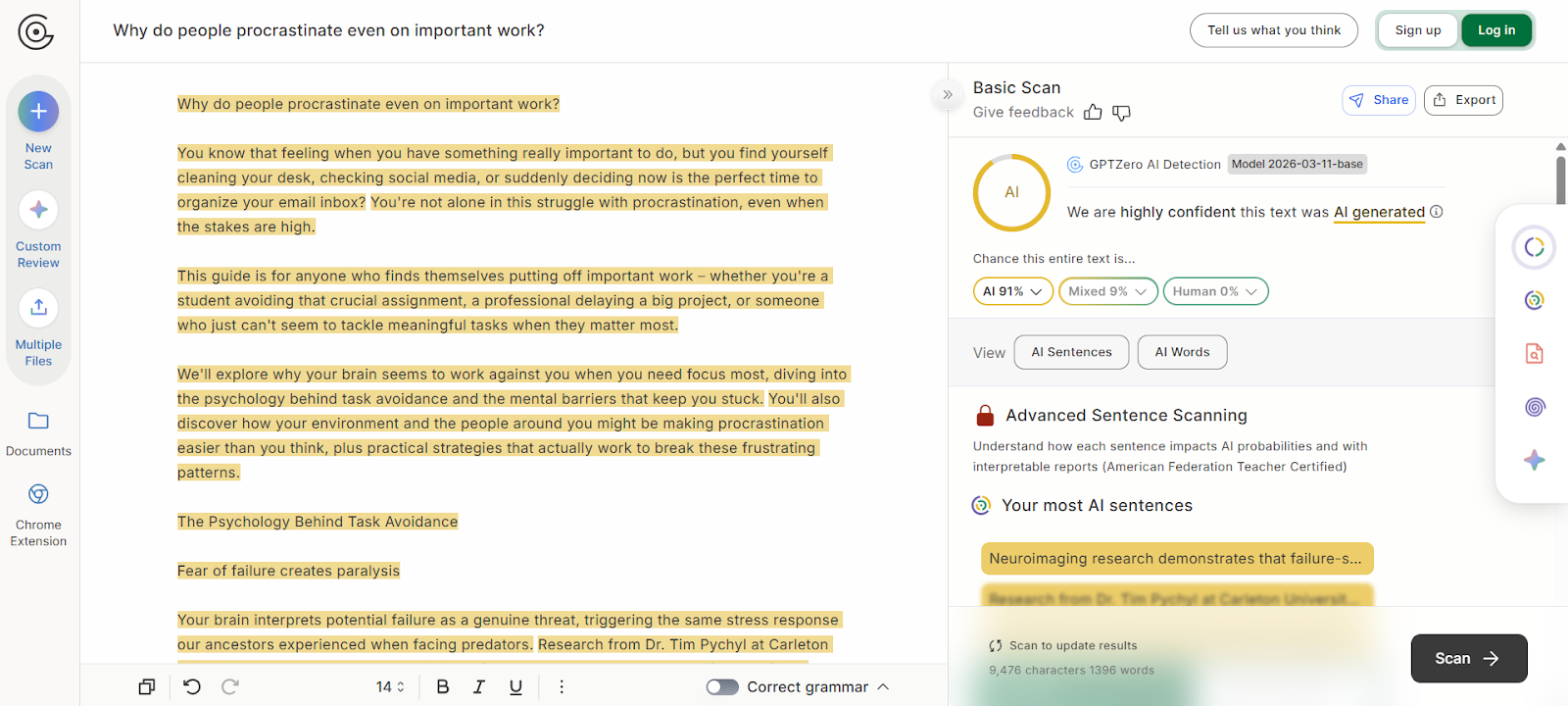 GPTZero AI detector page screenshot.