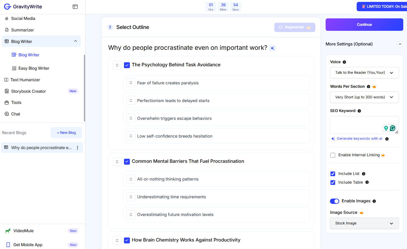 GravityWrite AI blog generator page.