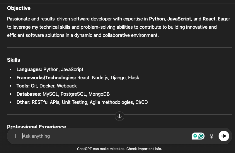 Image showing a resume generated by ChatGPT.