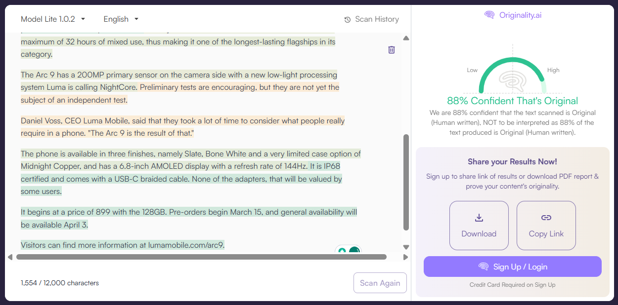 Screenshot of GPTZero AI detector.