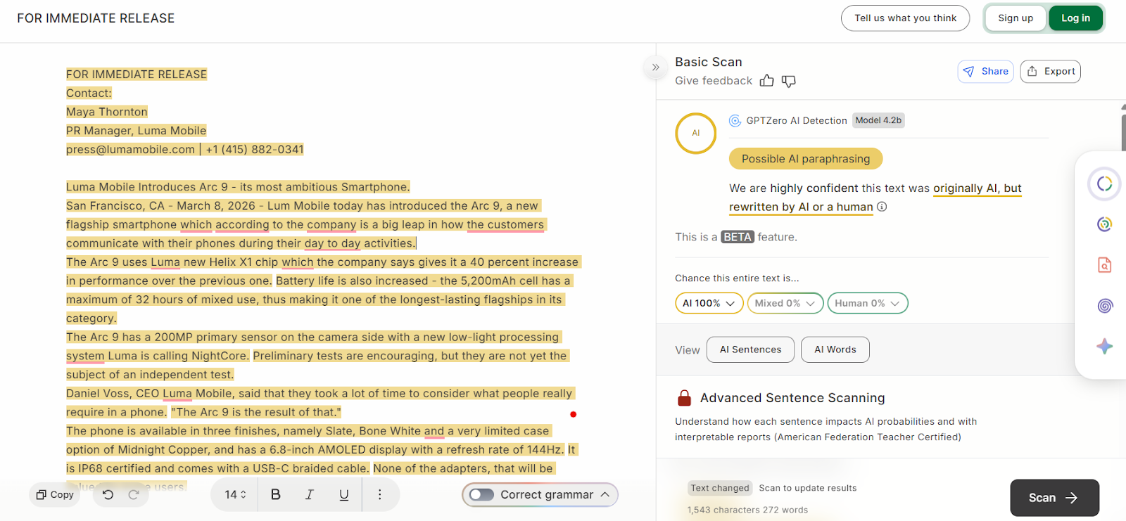 Screenshot of GPTZero AI detector.