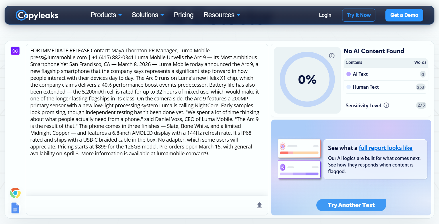 Screenshot of Copyleaks AI detector.