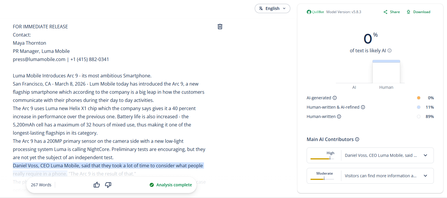 Screenshot of QuillBot AI detector.