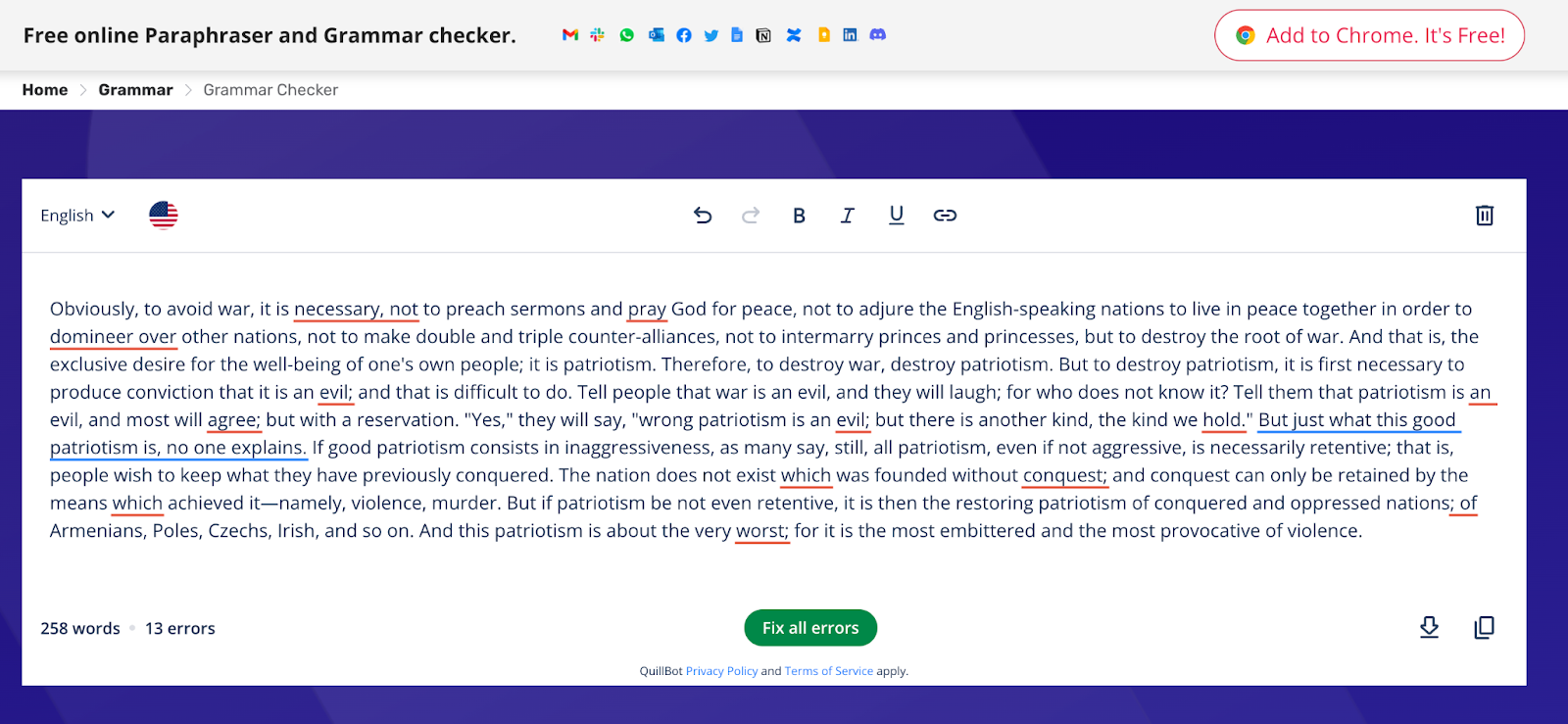 Screenshot of SpinBot grammar checker.